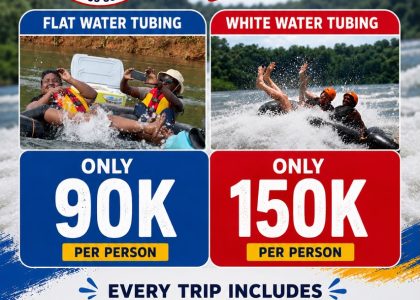 Tubing packages poster: flat water tubing UGX 90,000, white water tubing UGX 150,000 per person