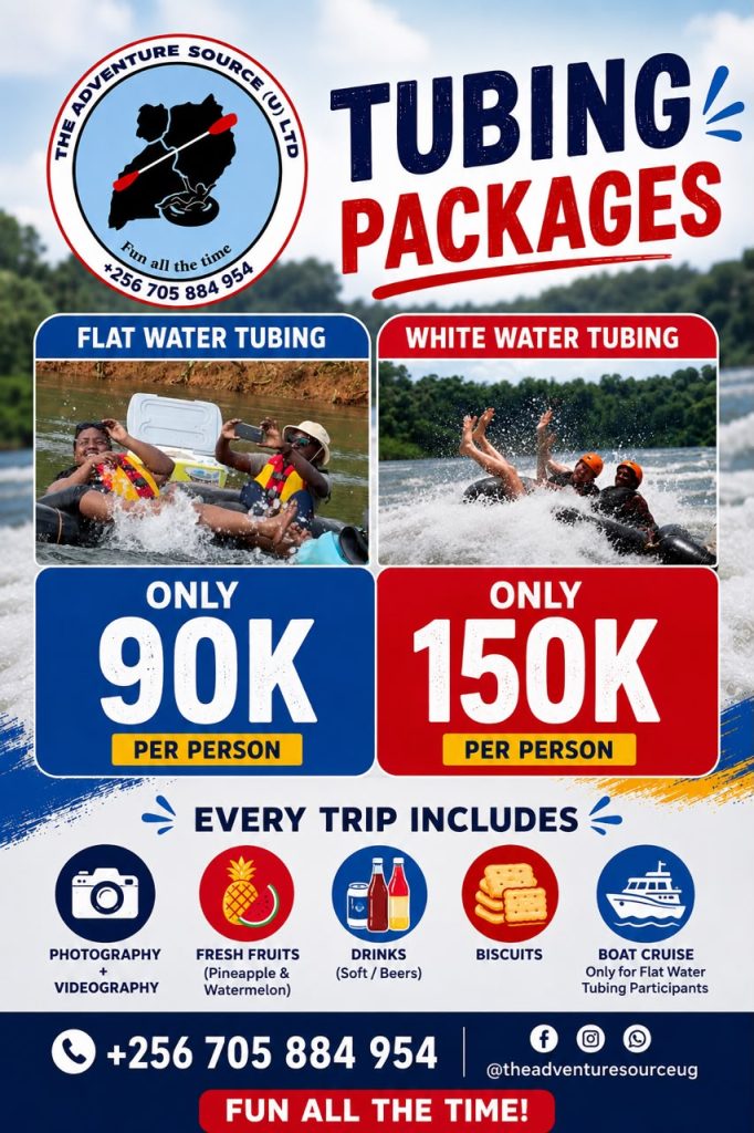 Tubing packages poster: flat water tubing UGX 90,000, white water tubing UGX 150,000 per person