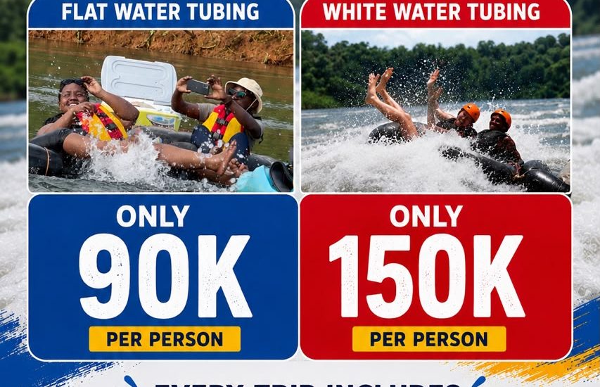 Tubing packages poster: flat water tubing UGX 90,000, white water tubing UGX 150,000 per person